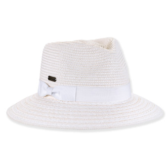 Three-quarter studio view of Sun N Sand HH3519 white fedora featuring a matching white grosgrain ribbon bow and metallic logo.