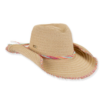 Three-quarter studio view of Sun N Sand HH3523 tan western hat featuring a multi-colored braided band and matching fringe brim.
