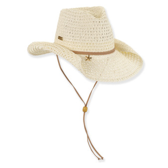 Three-quarter studio view of Sun N Sand HH3527 ivory western hat featuring an open-weave crown, starfish charm, and adjustable chin strap.
