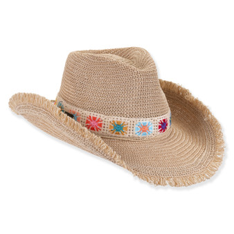 Three-quarter studio view of Sun N Sand HH3539 ivory western hat featuring a brown fabric crown band and wooden bead hardware.