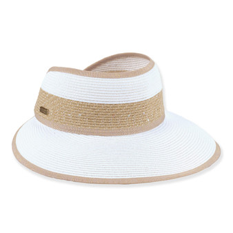White woven straw visor with tan trim, textured band, and gold logo detail
