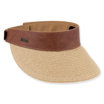 Brown leather band straw sun visor with adjustable strap and textured weave, front view.