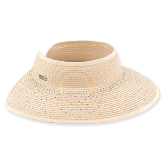 Three-quarter studio view of Sun N Sand HH3554 ivory straw rollup visor featuring sparkling rhinestone accents and a fabric-bound edge.