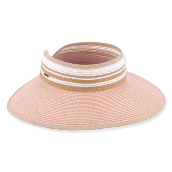 Three-quarter studio view of Sun N Sand HH3555 pink straw rollup visor featuring a striped crown and tan fabric binding.