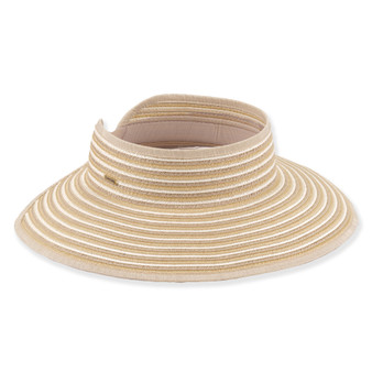 Three-quarter studio view of Sun N Sand HH3556 tan straw rollup visor featuring a multi-tonal striped pattern and tan fabric binding.
