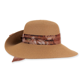 Woven straw sun hat, wide brim, floral patterned band with tie, textured, fashion accessory, studio shot.