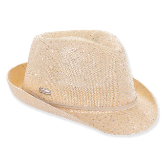 Three-quarter studio view of Sun N Sand HH3567 ivory fedora featuring metallic silver sequins, a pinched crown, and ivory trim.
