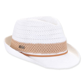White woven fedora with pinched crown, upturned brim, beige textured band and small metal logo tag shown in front angled view.