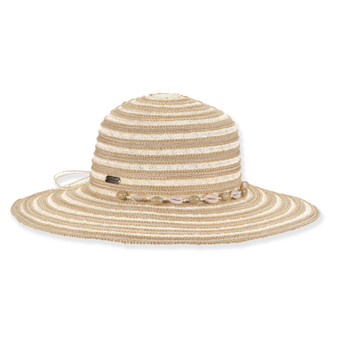 Beige and white striped woven bucket hat with rounded crown, wide brim, seashell bead band and small metal tag shown in front angled view.