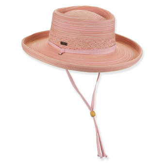 Pink woven gambler hat with rounded crown, upturned wide brim, decorative woven band and wooden bead chin strap shown in front angled view.