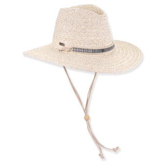 Three-quarter view of ivory Sun N Sand HH3608 safari hat featuring braided straw, textured metallic band, and beaded chin strap.