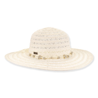 Three-quarter view of ivory Sun N Sand HH3610 A floppy hat featuring open-weave straw, star-shaped bead accents, and metal hardware.