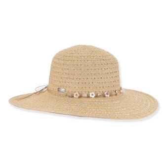 Three-quarter view of tan Sun N Sand HH3611 A floppy hat featuring open-weave straw, floral-shaped bead band, and metal logo hardware
