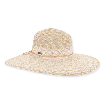 Three-quarter view of ivory Sun N Sand HH3613 floppy hat featuring chevron-weave straw, thin cord band, and metal logo hardware.