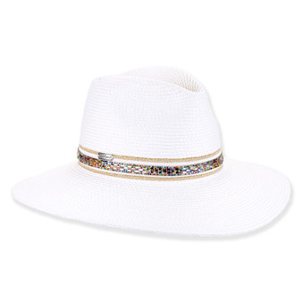 Three-quarter view of white Sun N Sand HH3618 A safari hat featuring braided straw, multicolor rhinestone band, and silver hardware.