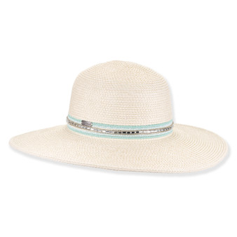 Three-quarter view of ivory Sun N Sand HH3619 A floppy hat featuring fine-braided straw, aquamarine rhinestone band, and silver hardware