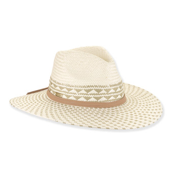 Three-quarter profile view of a cream-colored woven straw safari hat featuring a pinched crown, geometric-patterned band, and gold metal logo.