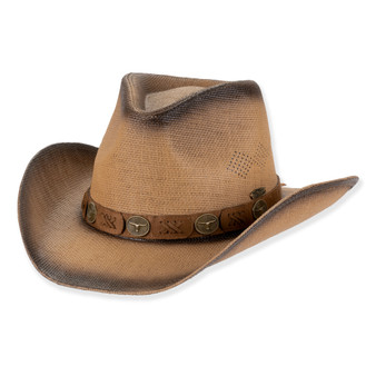 Distressed straw cowboy hat, woven texture, curved brim, brown leather band with embossed concho hardware