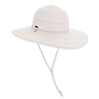 White wide-brim floppy hat, fine straw weave texture, floppy crown, stitched brim edge, adjustable inner band with metal slider, beachwear.