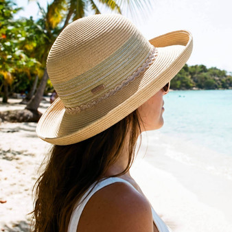 Side profile view of a woven Sun N Sand HH3449 upbrim hat featuring metallic lurex texture, adjustable crown, and gold-tone logo hardware.