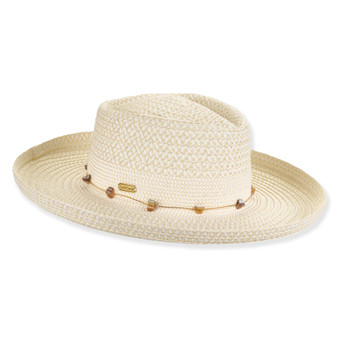 Front angled view of the Sun N Sand gambler hat in natural woven straw, featuring patterned decorative band and adjustable design for UPF protection