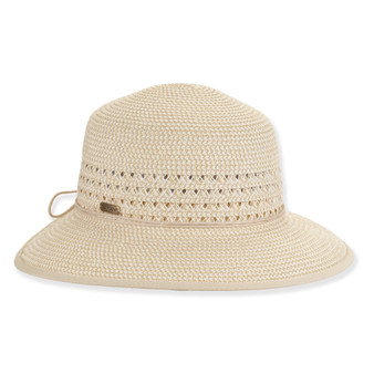 Front three-quarter studio view of Sun N Sand backless hat featuring cream open-weave texture, tan elastic cord and metal plaque