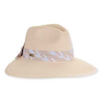 Three-quarter studio view of Sun N Sand HH3485 cream fedora-style sun hat with striped fabric band and bronze logo hardware.