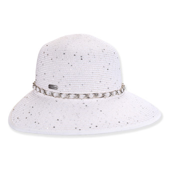White woven sun hat with glitter speckles, featuring a silver chain band and metal logo