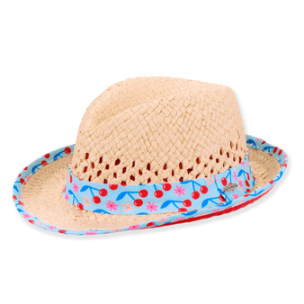 Three-quarter view of a beige woven straw fedora with perforated crown details, featuring a light blue cherry-print fabric band.
