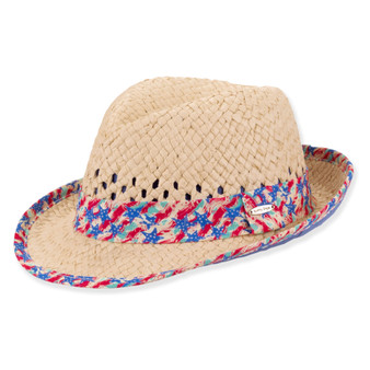Three-quarter view of a beige woven straw fedora with perforated crown details, featuring a patriotic red, white, blue patterned band.