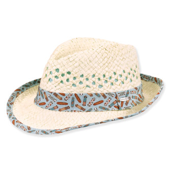 Three-quarter view of a beige woven straw fedora with perforated crown details, featuring a multi-colored surfboard-print fabric band.