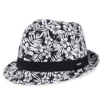 Three-quarter view of a black and white tropical hibiscus floral print fedora featuring a solid black fabric ribbon band.
