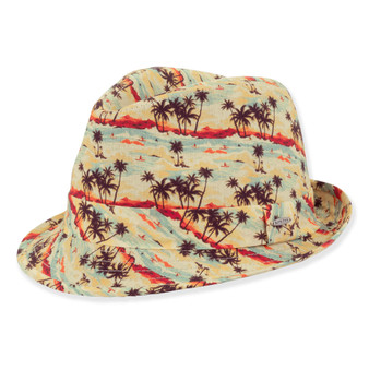 Three-quarter view of a beige tropical print fedora featuring brown palm trees, sunset stripes, and a matching fabric band.