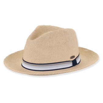Natural straw fedora hat, woven texture, distinct band with navy, white, grey stripes, silver logo plaque.