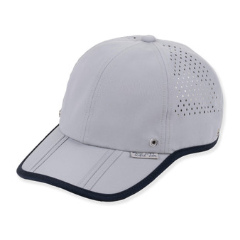 Light grey perforated baseball cap with dark navy trim, detailed stitching, metal eyelets, and white logo badge.