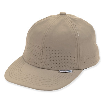 Tan baseball cap with perforated side panels, a curved brim, and subtle logo tag