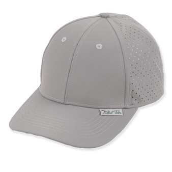 Gray performance baseball cap with perforated side panels, subtle stitching, and a small logo tag