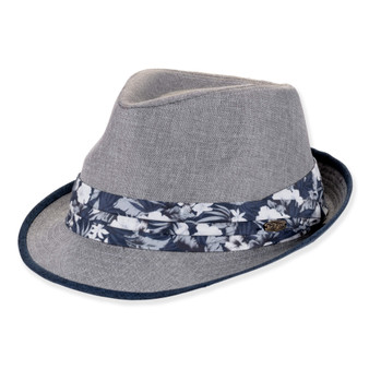 Grey textured fedora hat, flat brim, floral band detail, front view, classic men's fashion