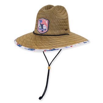 Natural woven straw sun hat with wide brim, navy cord accent, and embroidered shield patch.