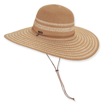 Wide-brim straw floppy hat with tight woven texture, floppy crown, stitched brim edge, inner band, natural tan color, coastal lifestyle