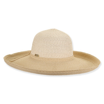 Front three-quarter studio view of Sun N Sand upbrim hat featuring cream crochet crown, tan textured brim and gold hardware.