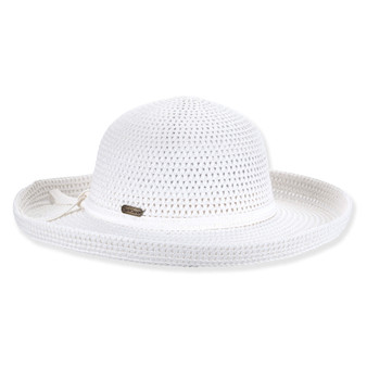 White woven sun hat with a textured weave, wide brim, and small metal logo detail
