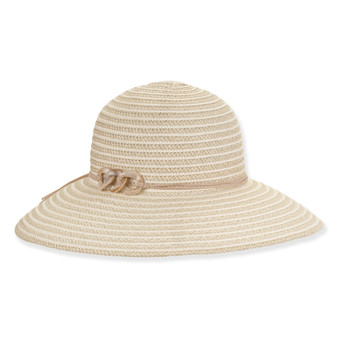 Front view beige woven bucket hat with wide brim, subtle striped texture, decorative band, dual translucent ring hardware, and structured crown