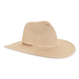 Three-quarter studio view of Sun N Sand HH3502 A tan safari hat featuring a gold chain link band and metallic hardware.
