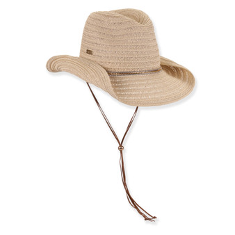 Three-quarter studio view of Sun N Sand HH3525 tan western hat featuring a multi-colored beaded crown band and metallic logo.
