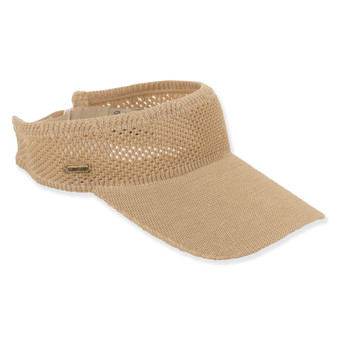 Light beige woven knit visor hat with a mesh crown and curved brim. Features subtle side hardware.
