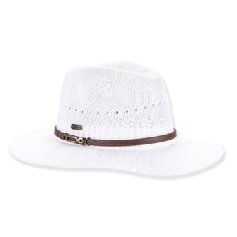 Three-quarter studio view of Sun N Sand HH3565 white woven safari hat featuring a brown leather band and brass buckle.