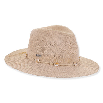 Three-quarter studio view of Sun N Sand HH3566 tan woven safari hat featuring an eyelet crown and puka shell cord band.