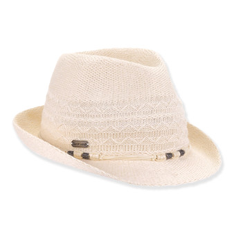 Light straw fedora with pinched crown, curved brim, beaded decorative band and metal accents displayed in clear front angled product view.