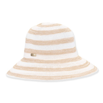 Beige and white striped woven bucket hat with rounded crown, flared brim and small metal tag shown in clear front angled view.